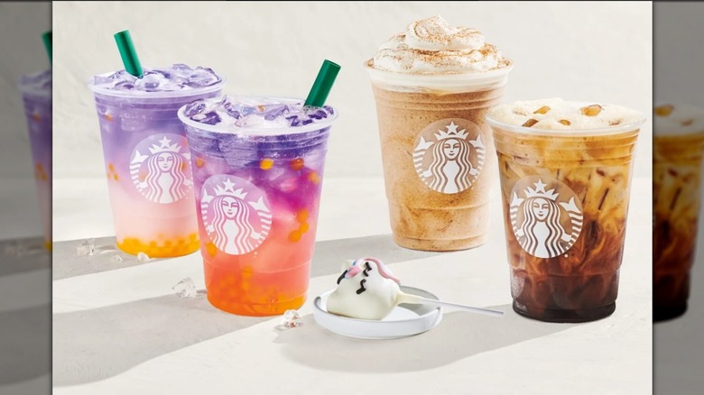The four drinks and one cake pop featured on Starbucks' 2026 summer menu