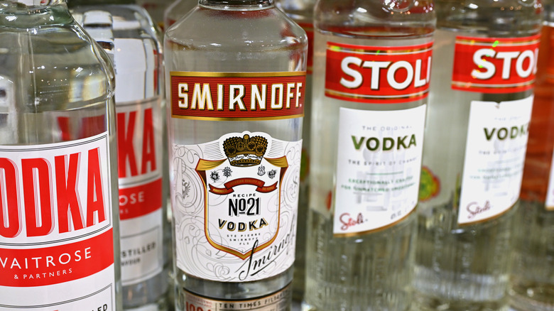 Different bottles of vodka at the supermarket