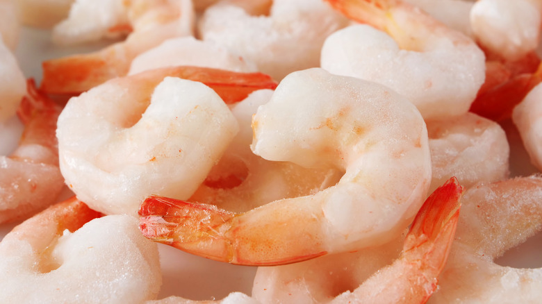 Close-up of frozen precooked shrimp