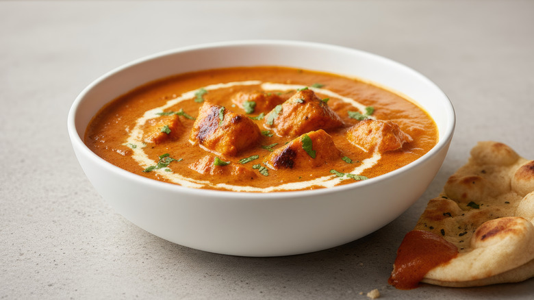 White bowl filled with butter chicken alongside a piece of naan