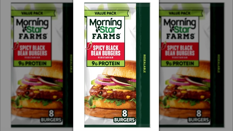 Box of MorningStar Farms Spicy Plant Based Black Bean Burgers on white background