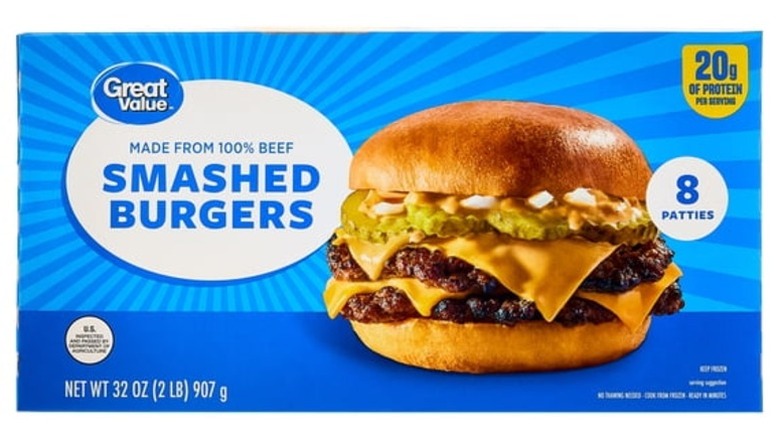 Box of Great Value Smashed Burgers on white background