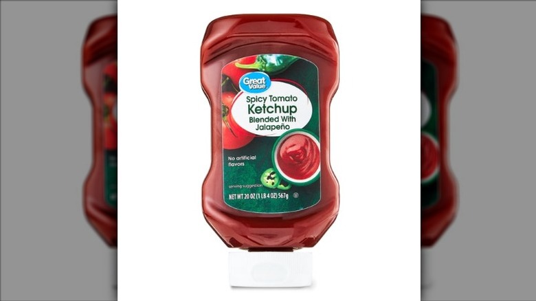 Squeeze bottle of Great Value Spicy Tomato Ketchup on white background