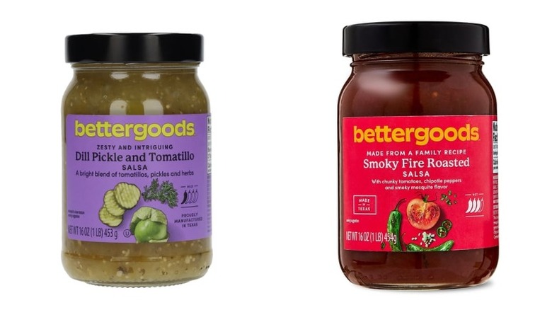 Jars of Bettergoods Dill Pickle and Tomatillo Salsa and Smoky Fire Roasted Salsa on white background