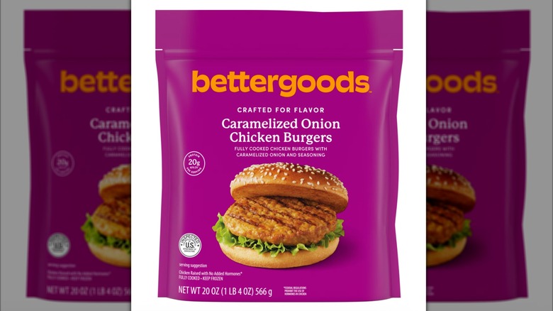 Bag of Bettergoods Caramelized Onion Chicken Burgers on white background