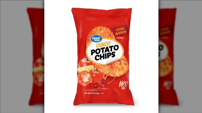Bag of Great Value Chile Adobo Crunchy Potato Chips on white background