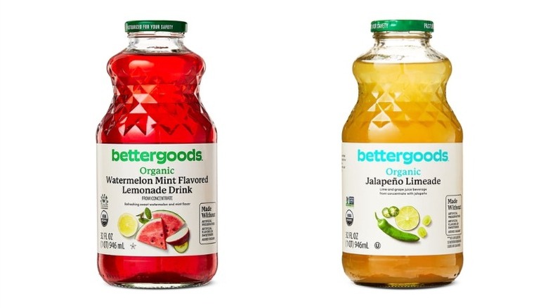 Bottles of Bettergoods Organic Watermelon Mint Lemonade and Bettergoods Organic Jalapeño Limeade on white background