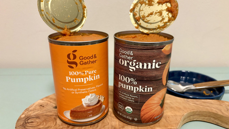 Two cans of Good & Gather pumpkin purée