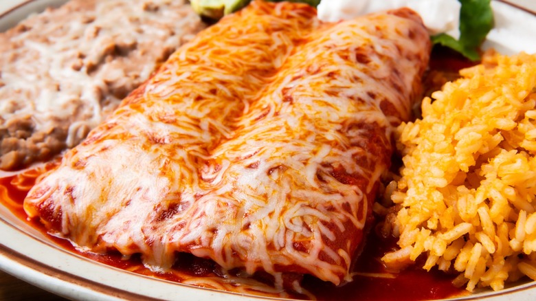Two chicken enchiladas and rice on white plate