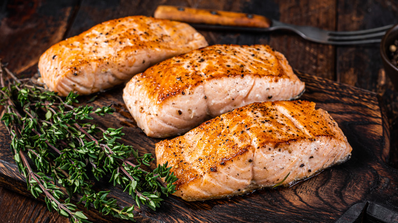 Salmon filets on board