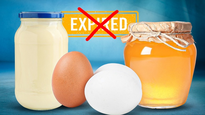 Jar of mayonnaise, eggs, and jar of honey in front of "expired" logo covered with red X