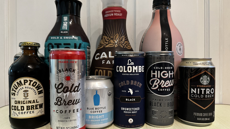 various cans and bottles of cold brew coffee