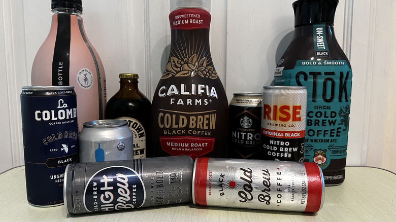 Various cans and bottles of cold brew coffee
