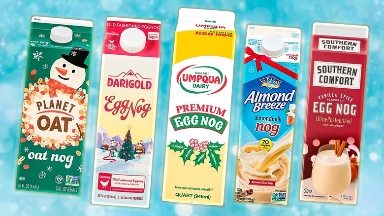 Five containers of store bought eggnog on blue background