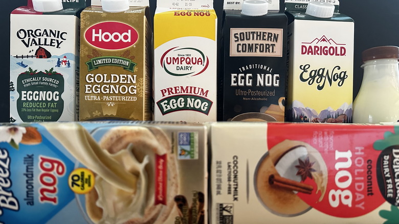 cartons of various store bought eggnog