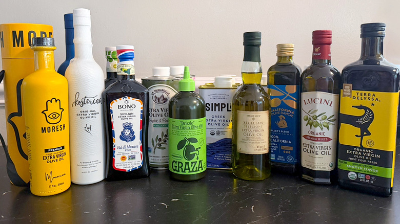 The olive oil bottles we tasted for this article on a counter
