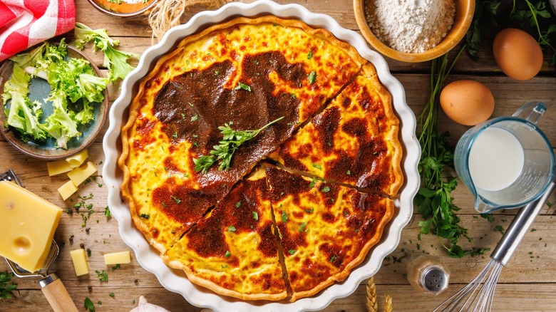 An overhead view of a savory quiche.