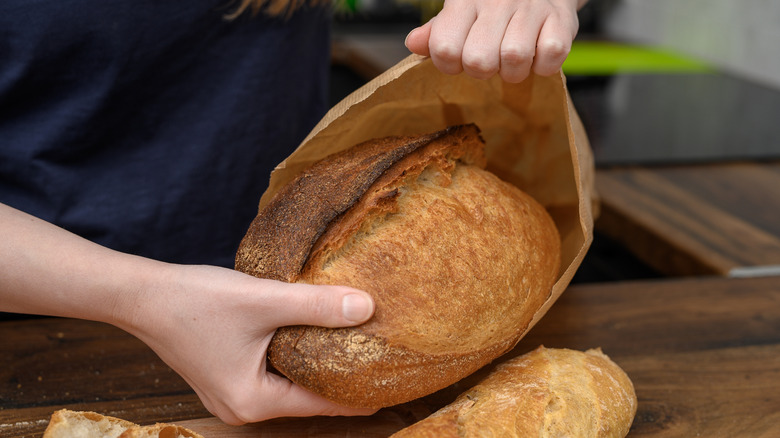 Hand putting loaf of bread into paper bag