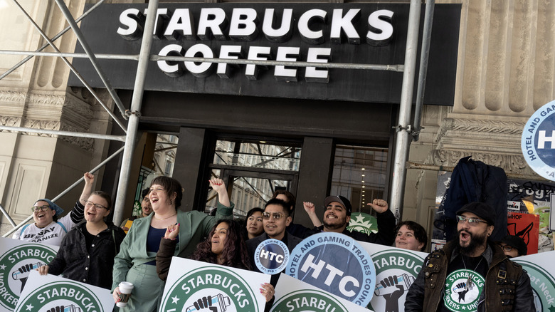 Striking Starbucks union members