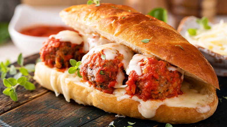 A meatball marinara sub sandwich.