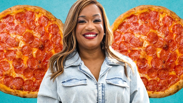 Composite image showing Sunny Anderson between two pepperoni pizzas