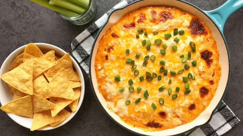 Buffalo chicken dip with tortilla chips