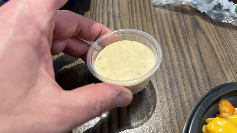 Hand holding a cup of Zab's  sauce