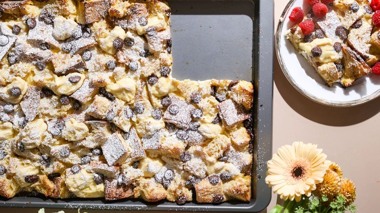 Breakfast casserole in a sheet pan and on a plate