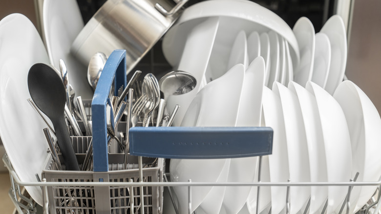 Clean plates, bowls, and silverware in dishwasher