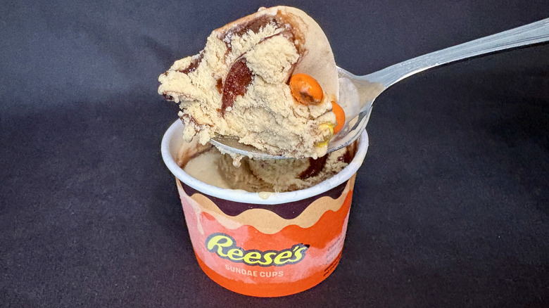 Peanut butter ice cream on a spoon above a Reese's cup