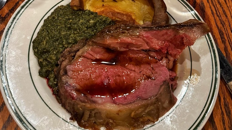 overhead shot of prime rib on a plate at Gulliver's Restaurant
