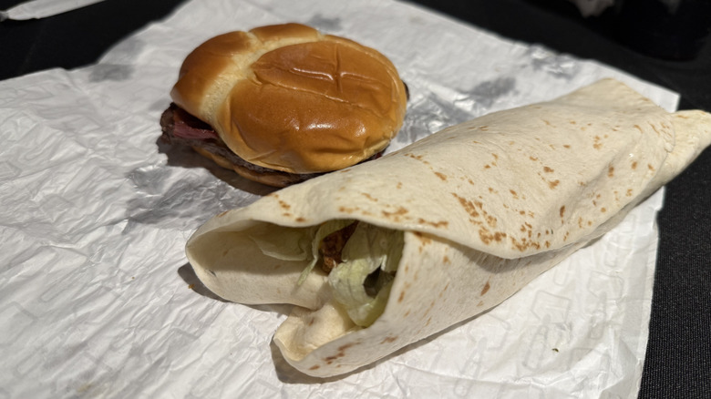 Wendy's Chicken Tenders Ranch Wrap and Cheesy Bacon Cheeseburger unwrapped