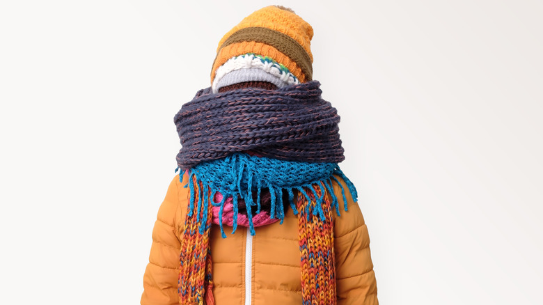 Someone bundled up in winter clothes including coat, scarves and hat