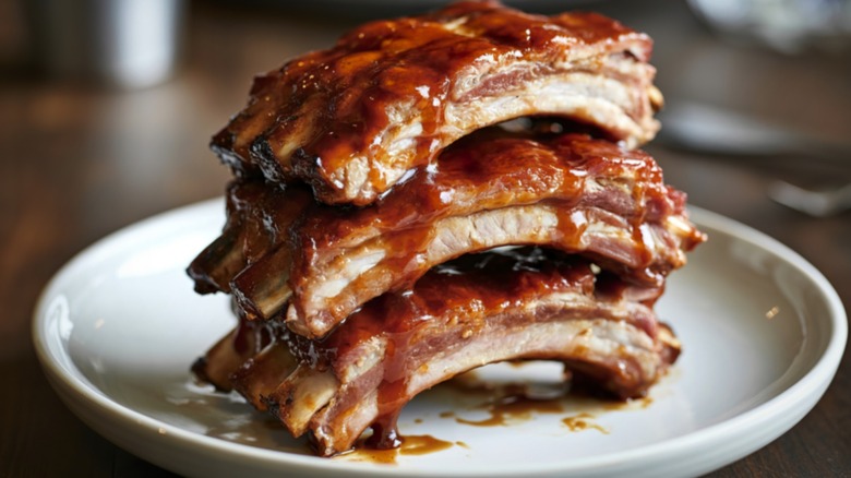 A photograph of glazed pork ribs