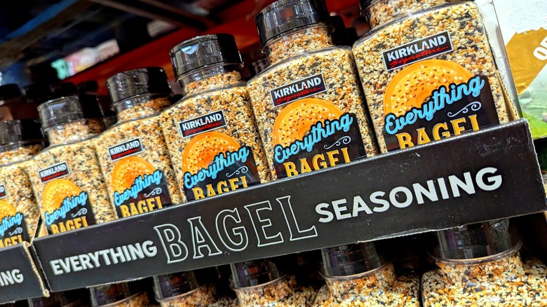 Bottles of Kirkland Signature Everything Bagel Spice Seasoning Ingredient on Shelf at Warehouse