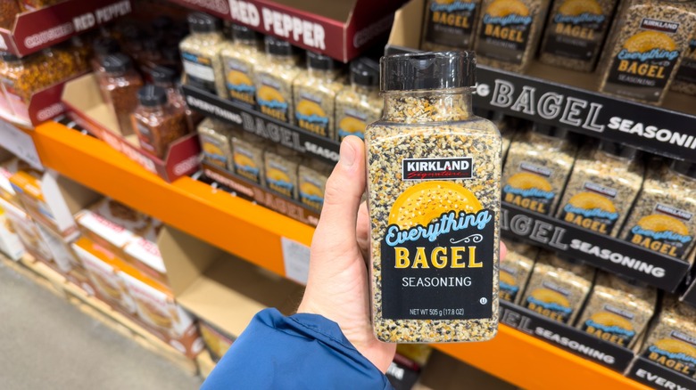 Bottle of Kirkland Signature Everything Bagel seasoning at Costco warehouse.