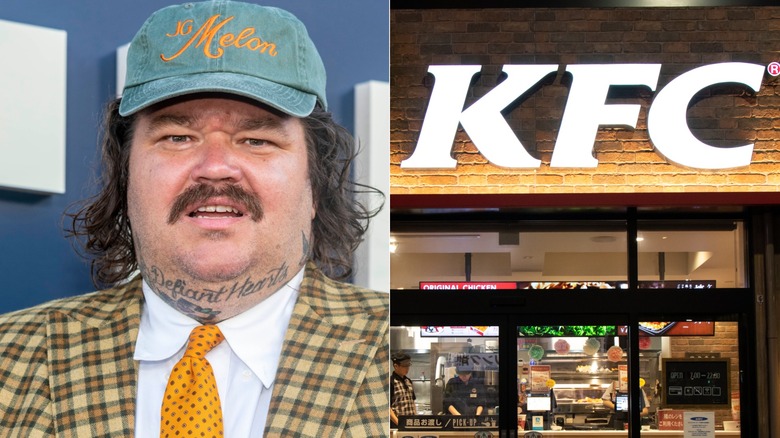 Matty Matheson at a red carpet event, side by side with the exterior of a KFC
