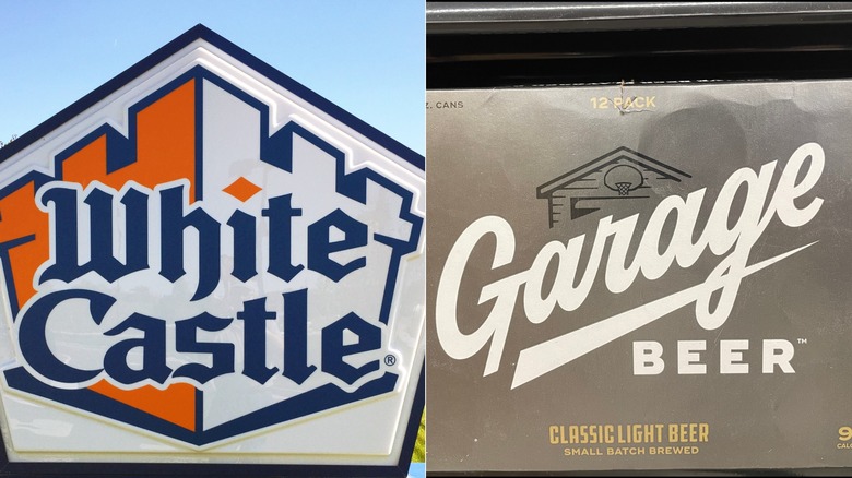Side by side of a White Castle sign and a Garage Beer 12-pack