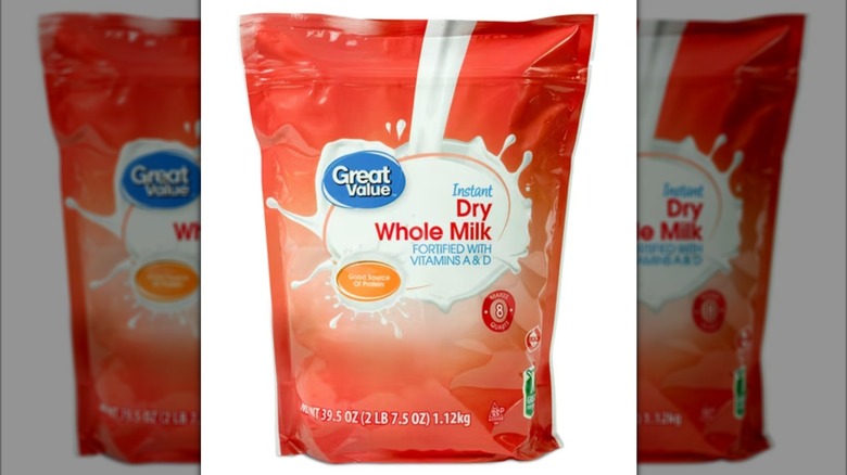 Bag of Great Value Instant Dry Whole Milk on white background