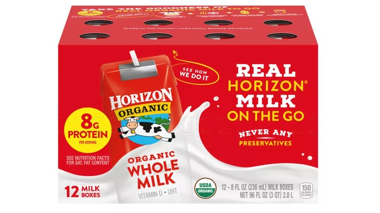 12-pack of Horizon Organic Whole Milk cartons on white background