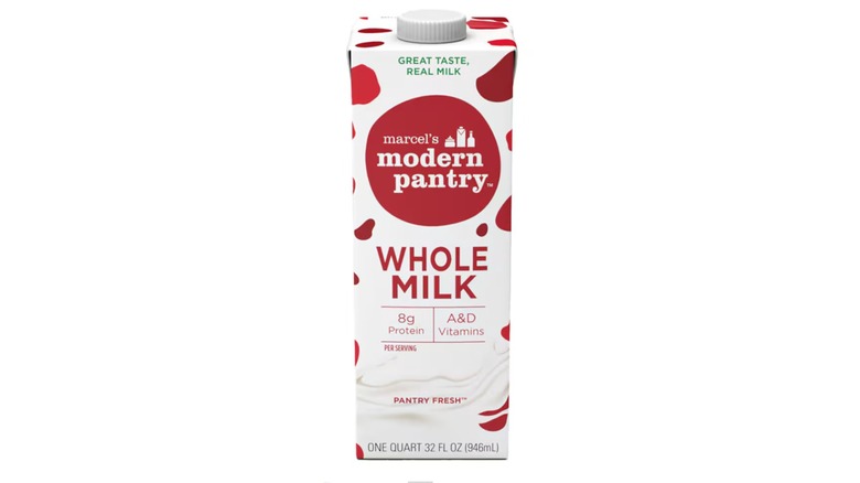 Carton of Marcel's Modern Pantry whole milk from Dollar Tree on white background