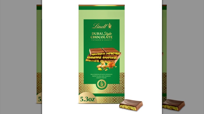 A Lindt Dubai-style chocolate bar on a white background