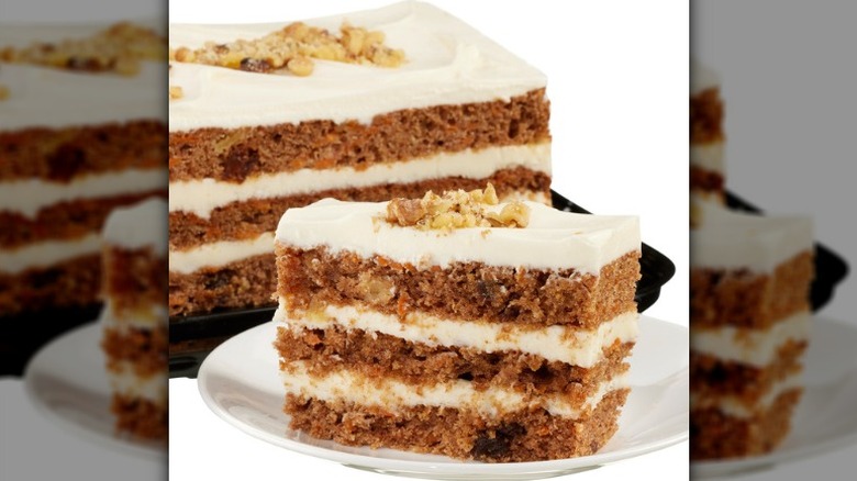 A slice of the Kirkland Signature Carrot Bar Cake on a plate