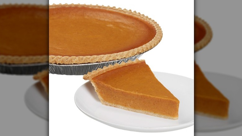 A slice of Kirkland Signature Pumpkin Pie on a plate