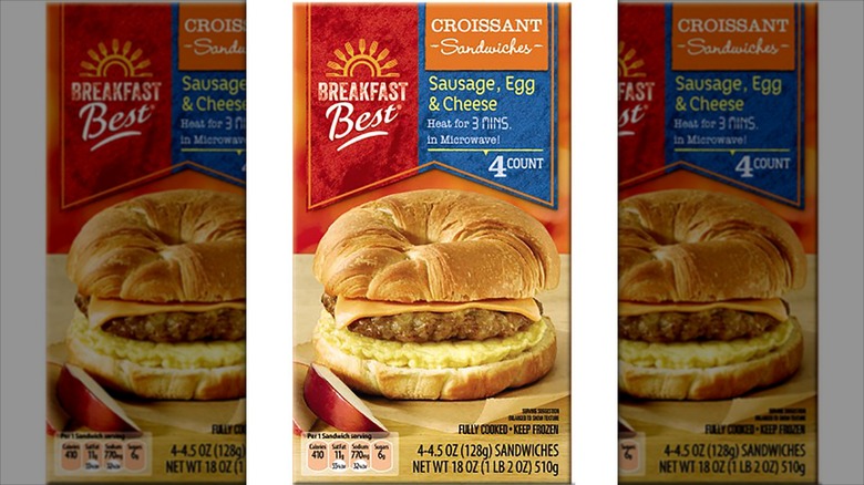 Box of Aldi Breakfast Best Sausage, Egg & Cheese Croissant Sandwiches