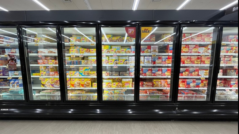 Frozen food case at an Aldi showing breakfast items