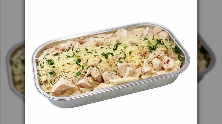 The Kirkland Signature Chicken Alfredo with Penne Pasta from Costco in aluminum baking tray