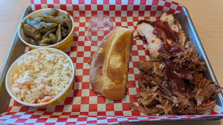 A meal from Dickey's Barbecue Pit on a tray