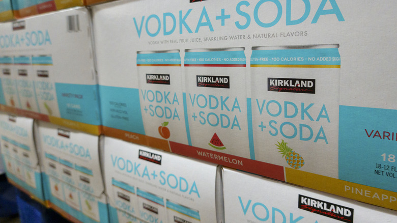 boxes of Kirkland Signature vodka soda