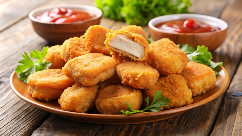baked chicken nuggets on a brown plate with parsley and ketchup